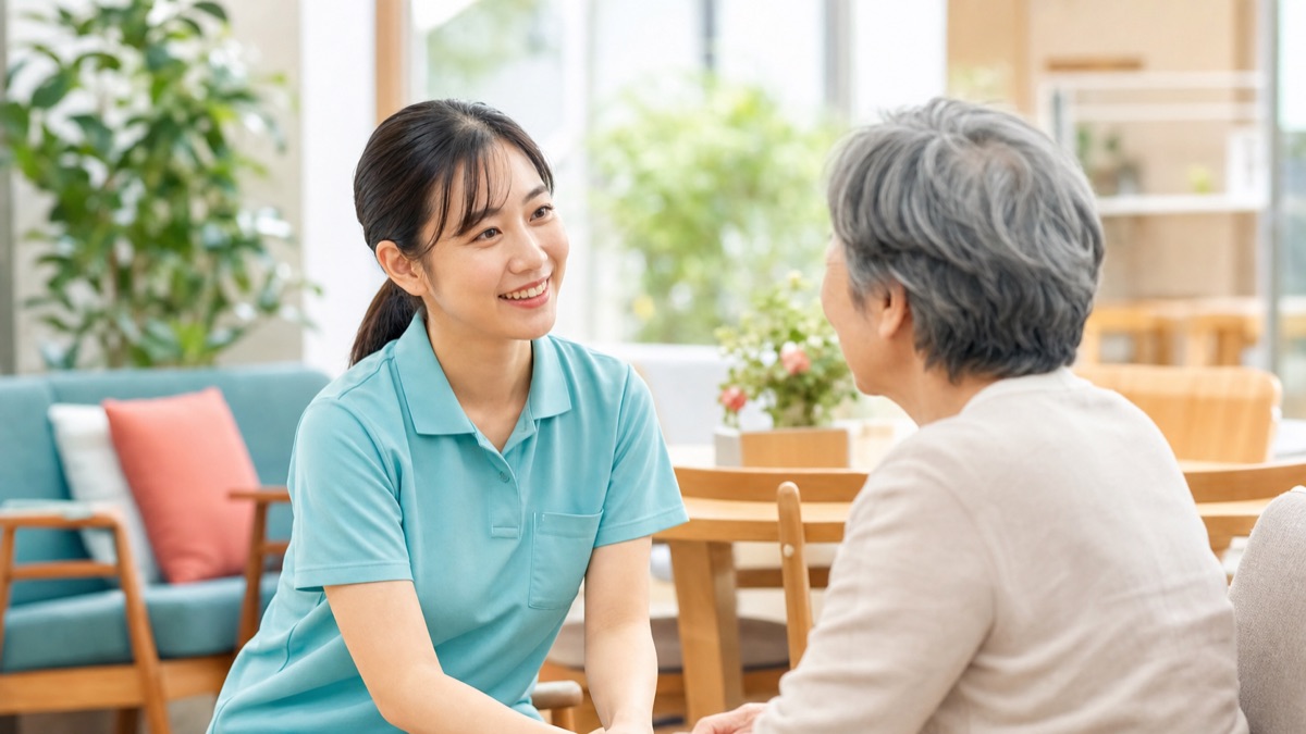 明るい介護施設で利用者と話すスタッフ