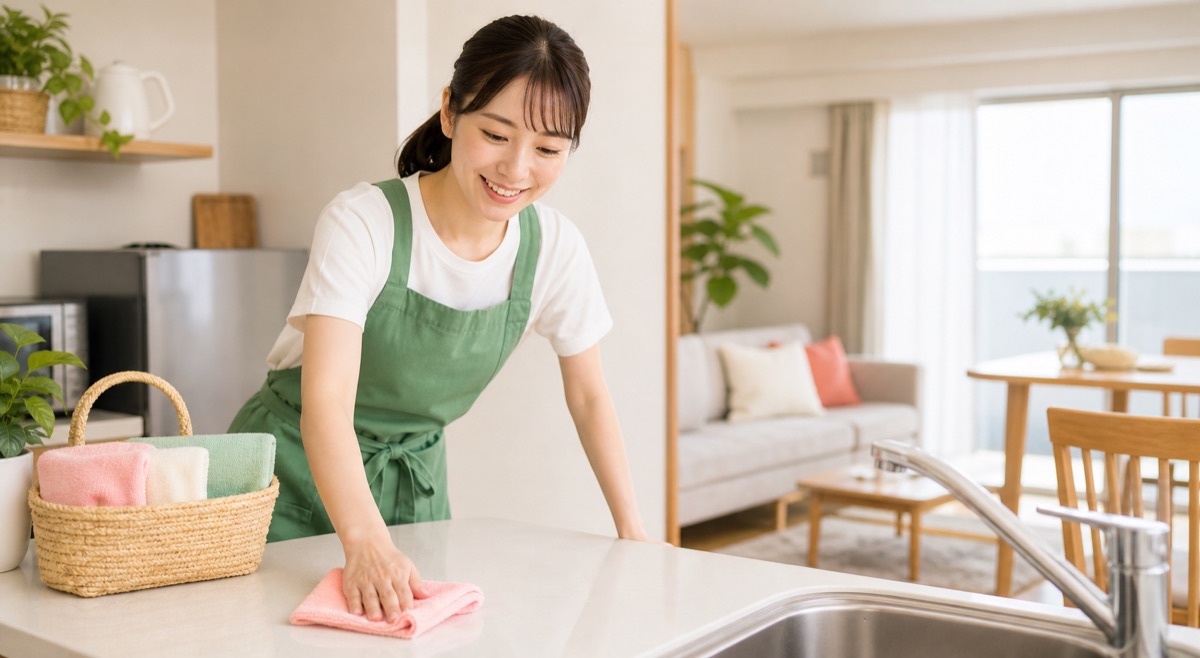 明るい部屋で家事代行の仕事をする人