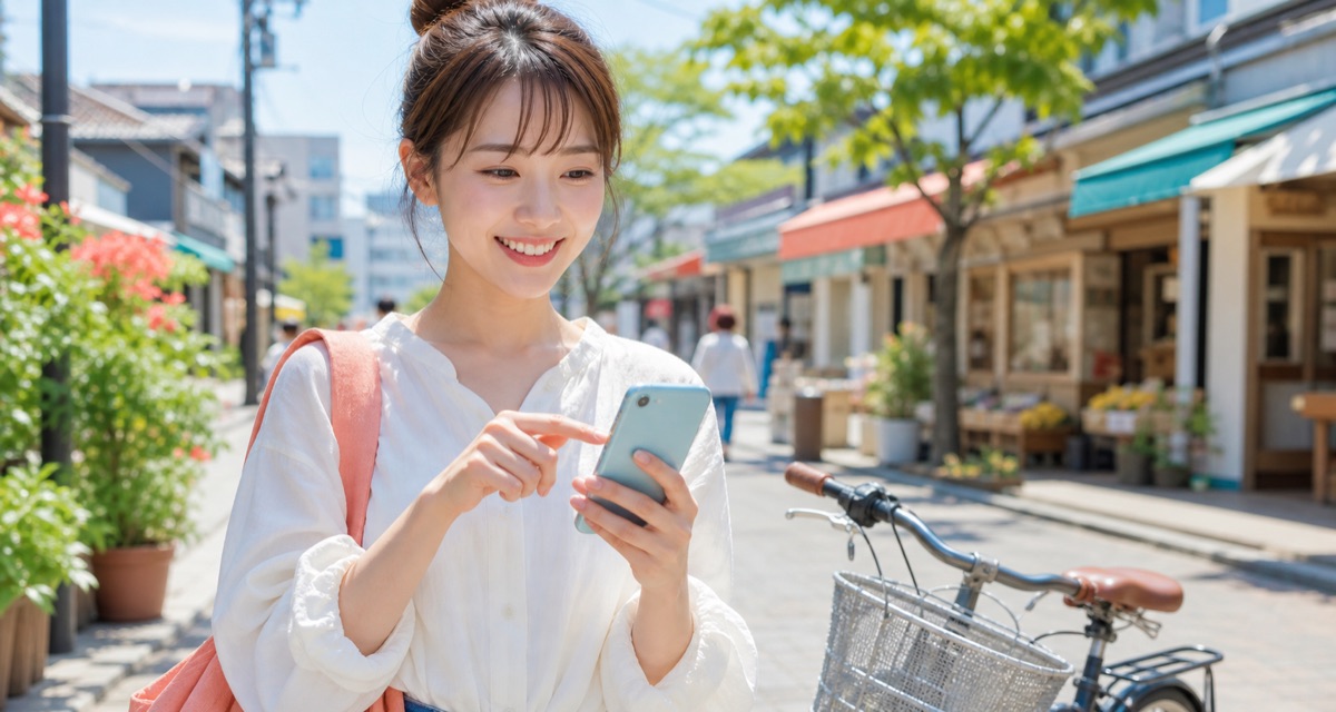 近所の商店街でスマホを見ながら仕事を探す人